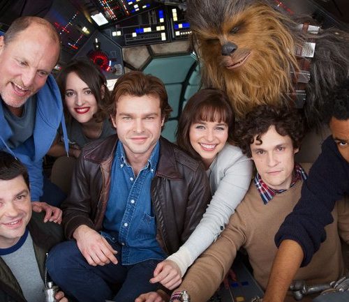 The cast and crew of the Han Solo Star Wars spinoff film - Phil Lord, Woody Harrelson, Phoebe Waller-Bridge, Alden Ehrenreich, Emilia Clarke, Joonas Suotamo as Chewbacca, co-director Phil Lord and Donald Glover